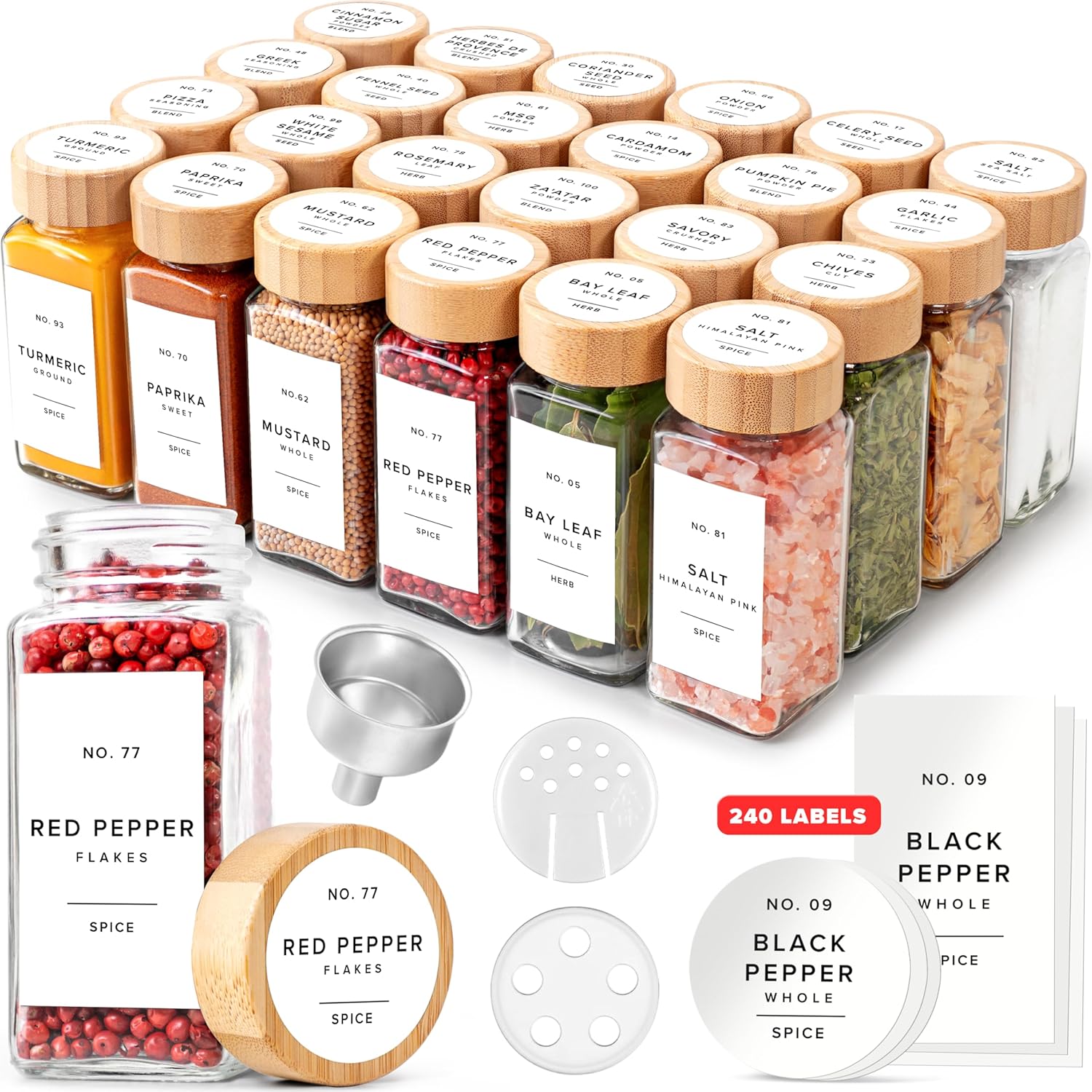 EDELHAUS Glass Spice Jars with Bamboo Lids for Kitchen Storage