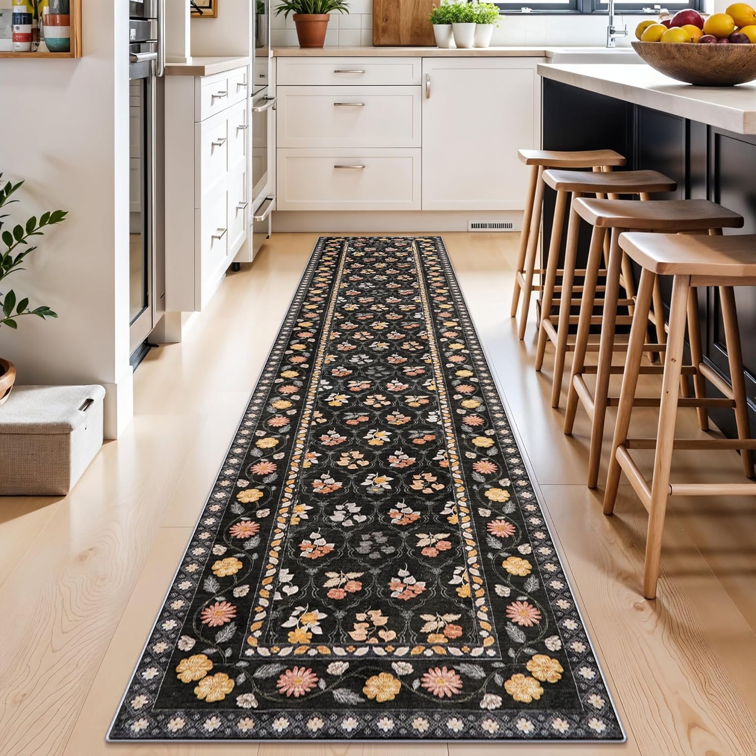 RUUGME Kitchen Runner Rug 2x10: Floral Vintage Black Pattern