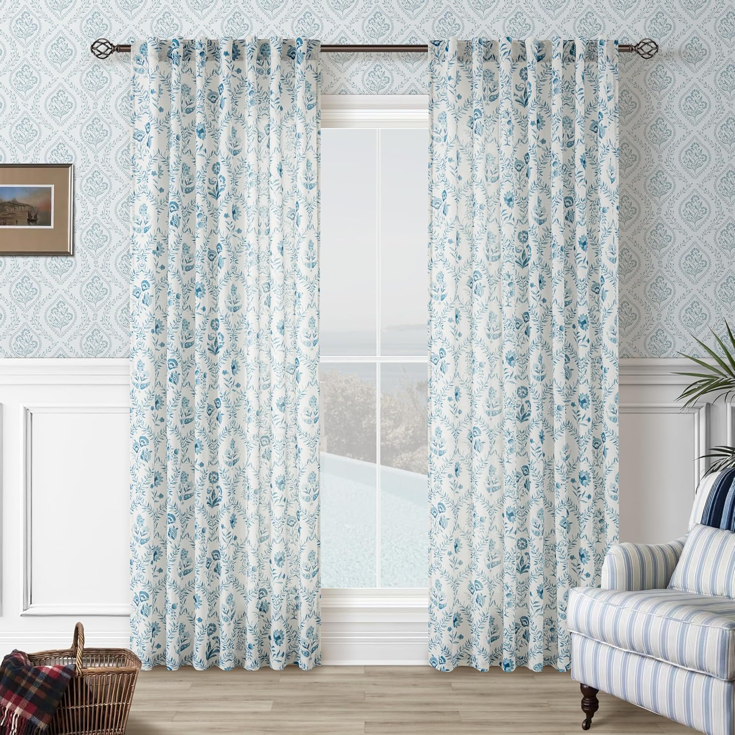 Blue Floral Curtains 90 Inch Length for Farmhouse Decor