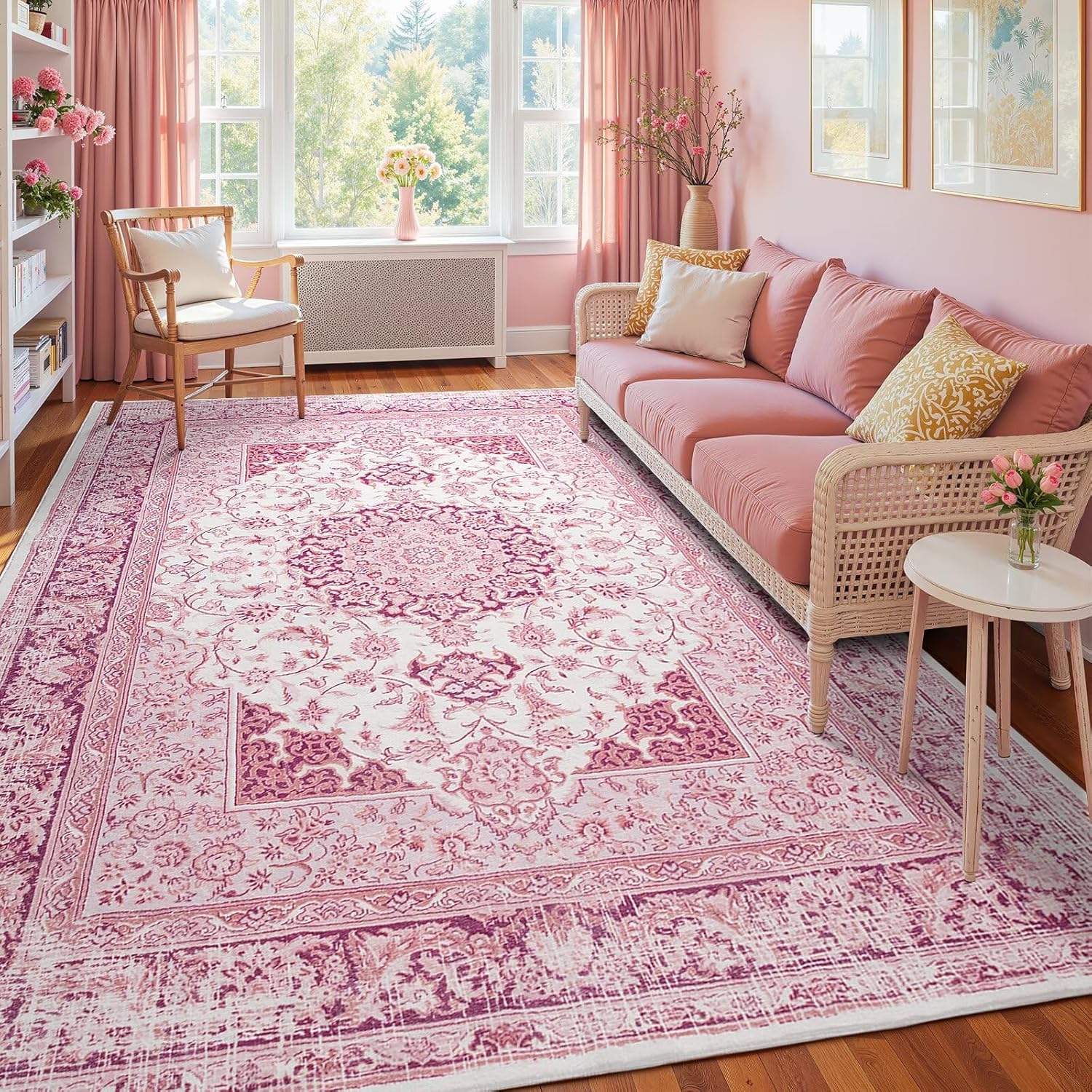 Bright Pink Area Rug for Living Room - Vintage Charm & Style