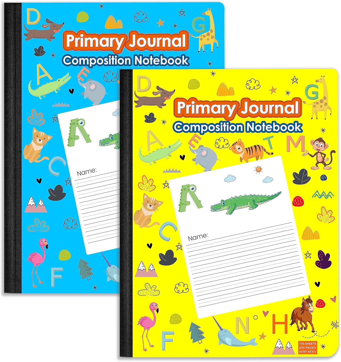 Primary Journal Notebooks, ABC & Animal Print, 200 Pages, Pack of 2, 9.75x7.5