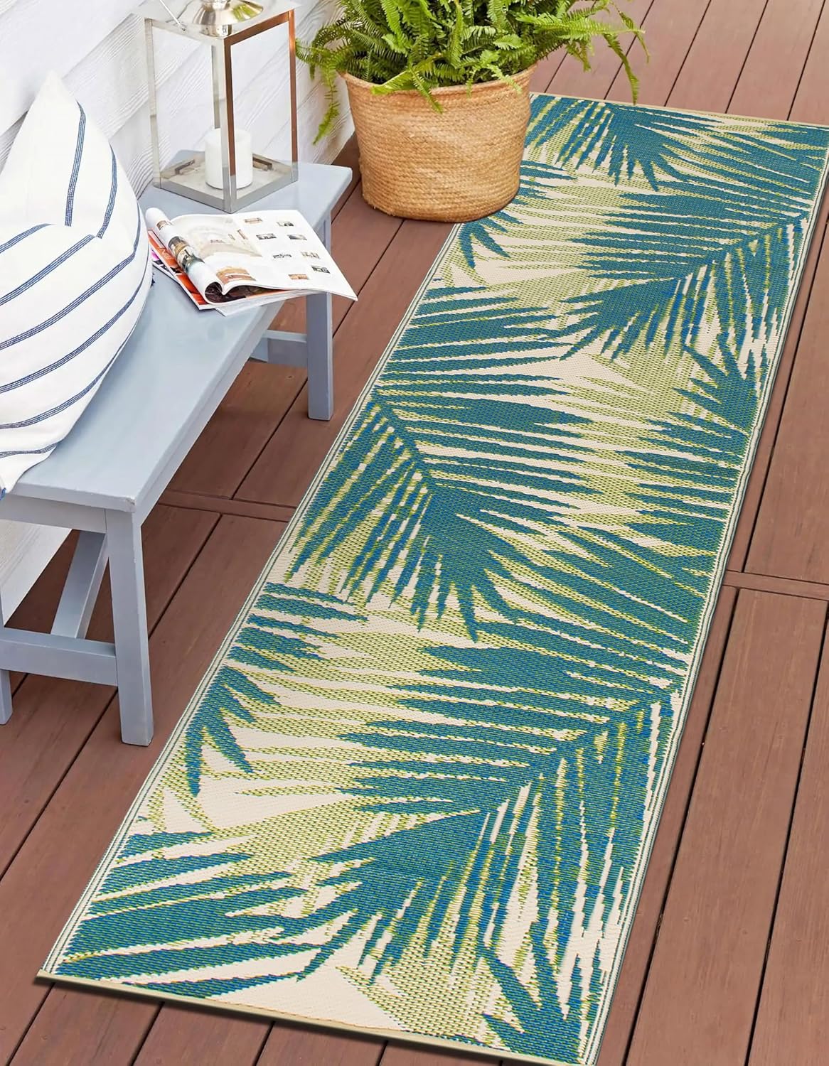 Tropical Floral Reversible Waterproof Outdoor Rugs 2ft 7in X 8ft Green