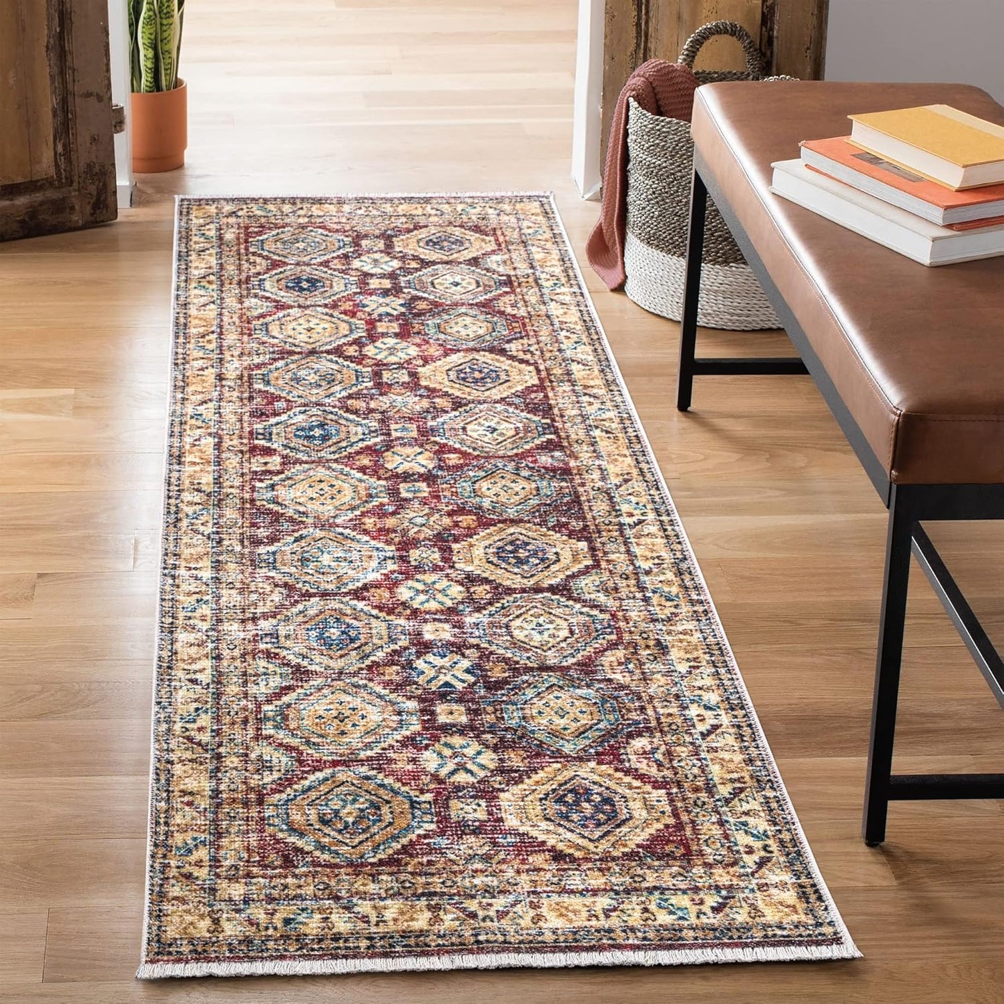 Caria Washable Non-Slip 7 ft Runner - Dark Red/Multicolor Rug