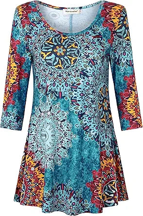 Nandashe Womens 3/4 Sleeves Floral Tunic Shirts for Summer