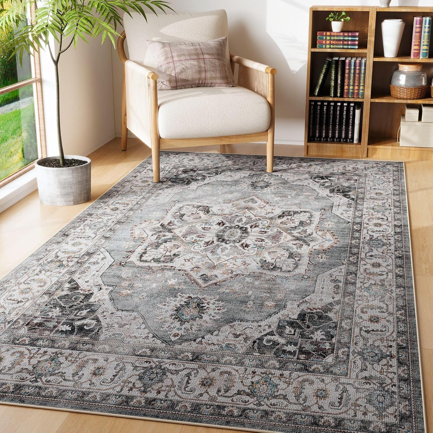 Vintage Medallion 4ftx6ft Rug - Machine Washable Non-Slip Carpet