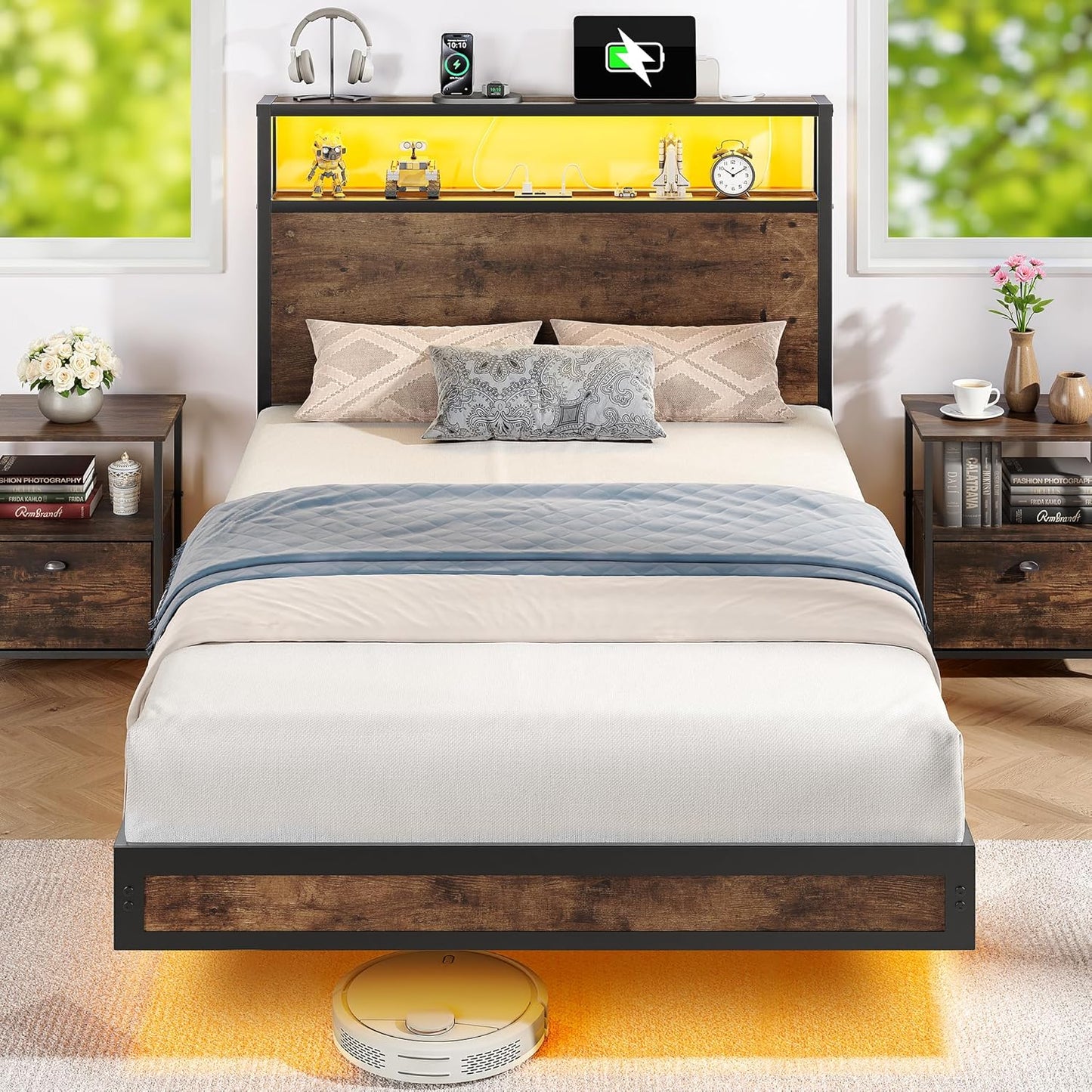 Sturdy Twin Size Bed Frame with 2-Tier Storage Headboard