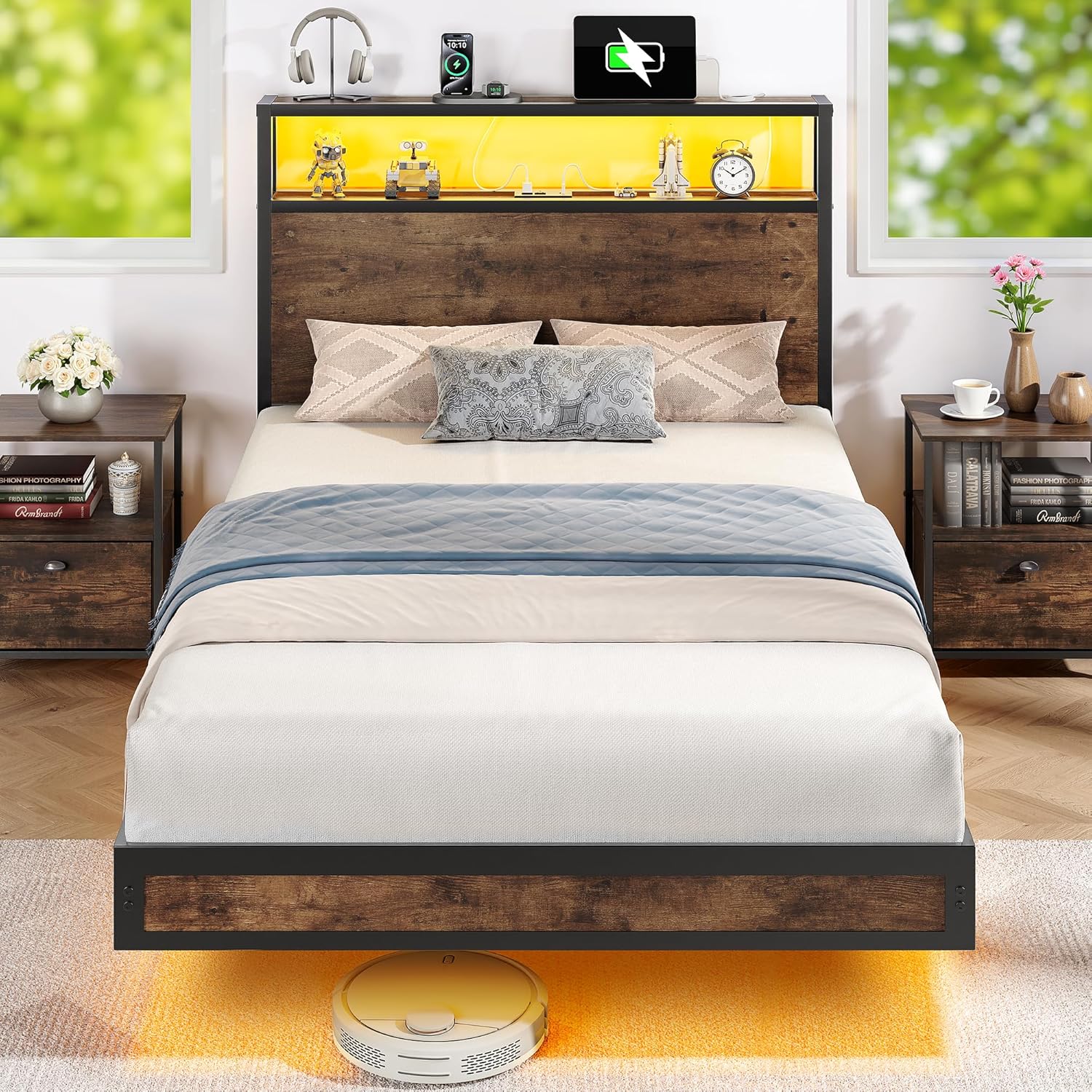 Sturdy Twin Size Bed Frame with 2-Tier Storage Headboard