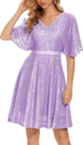 Sparkly Sequin Cocktail Dress with Bat Sleeves - Flattering Fit Nylon