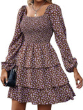 Womens Square Neck Smocked Floral Swiss Dot Mini Dress (Style T97R)