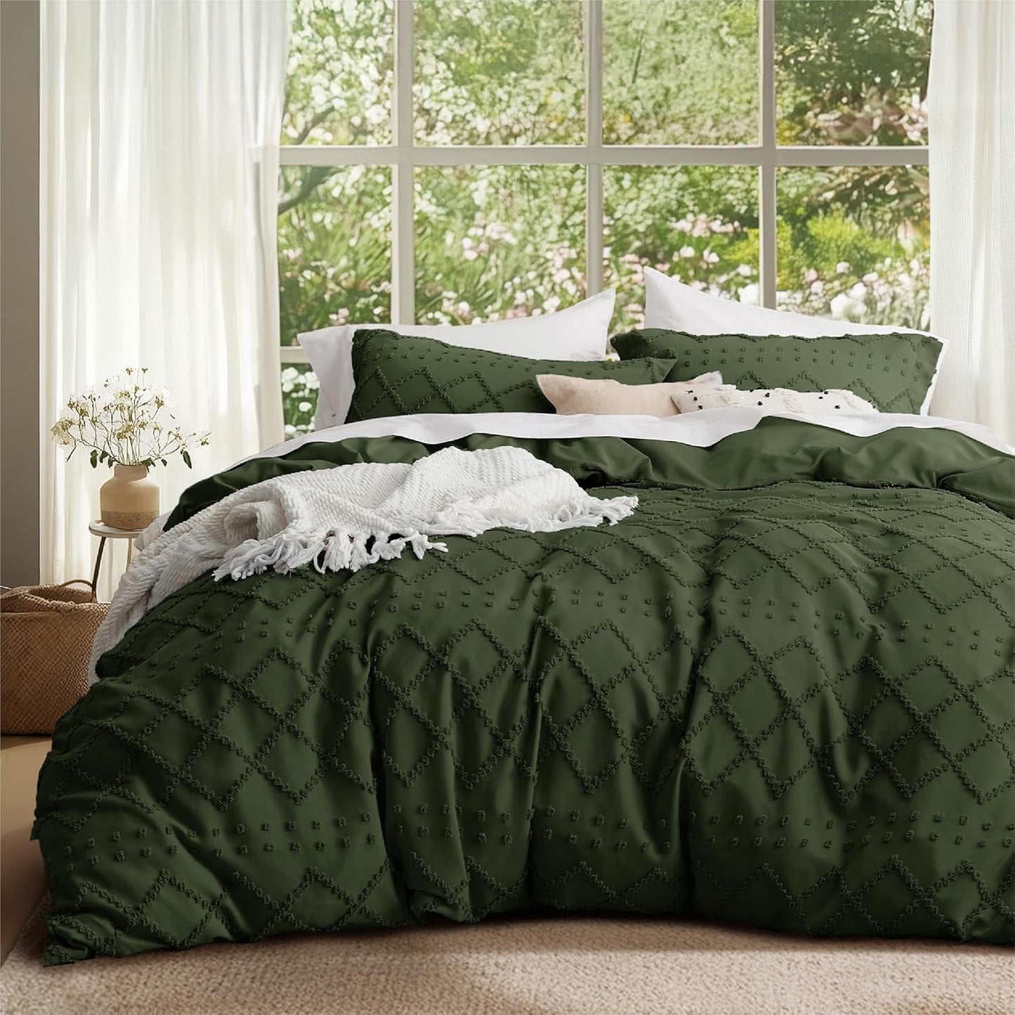 Boho Duvet Cover Queen Size - Dark Green Soft Bedding Set