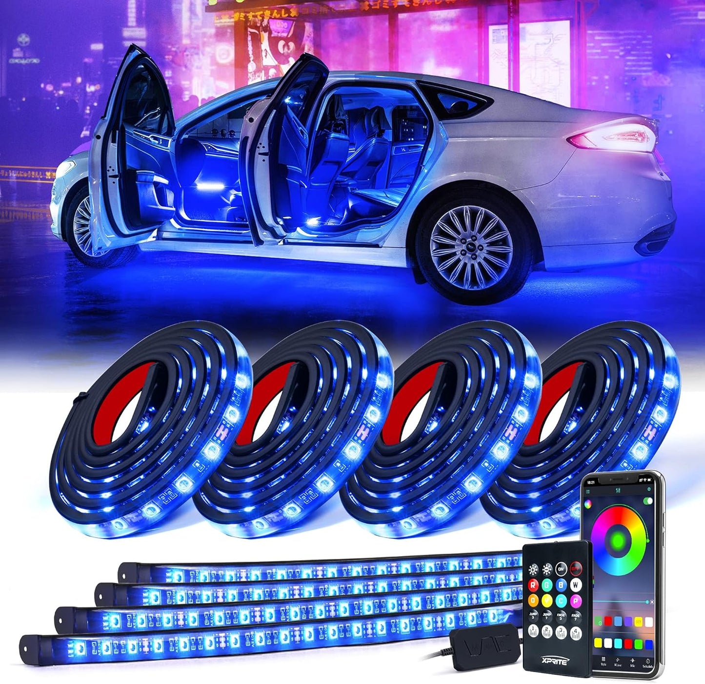 Xprite 8Pcs Car RGB LED Strip Lights for Dynamic Lighting
