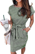 PRETTYGARDEN Women's Striped Tie Waist Crewneck Dress - Versatile