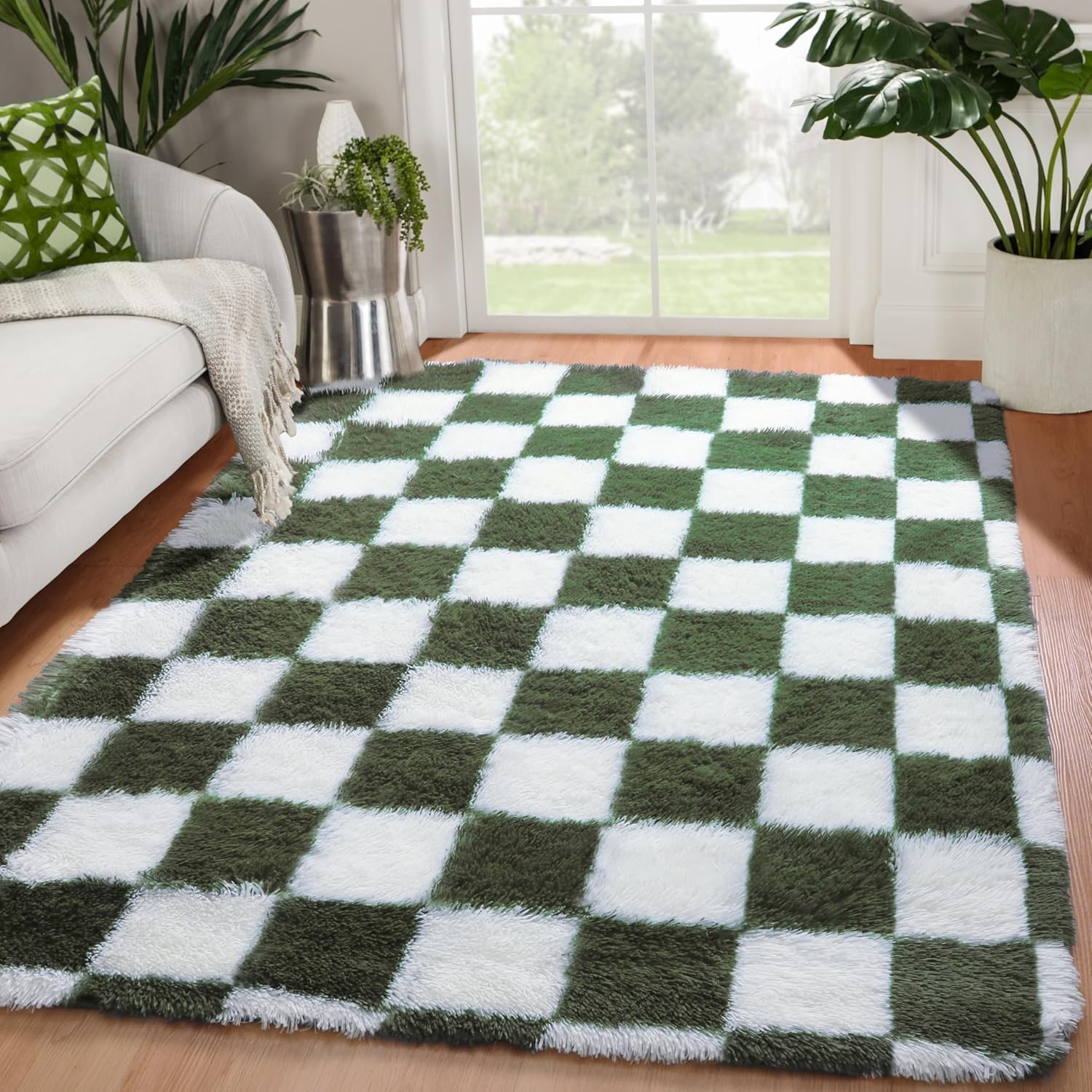 KICMOR 4x6 Olive Green and White Checkered Shag Rug for Home