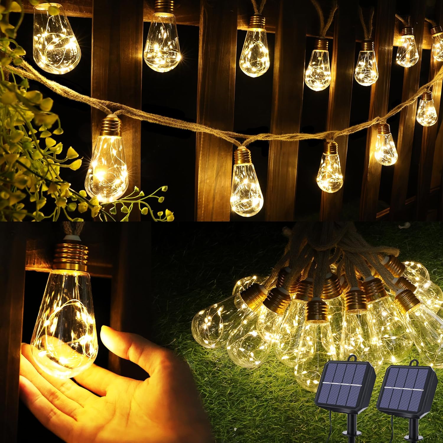 Vintage Rope Hemp Solar Outdoor String Lights for Cozy Ambiance