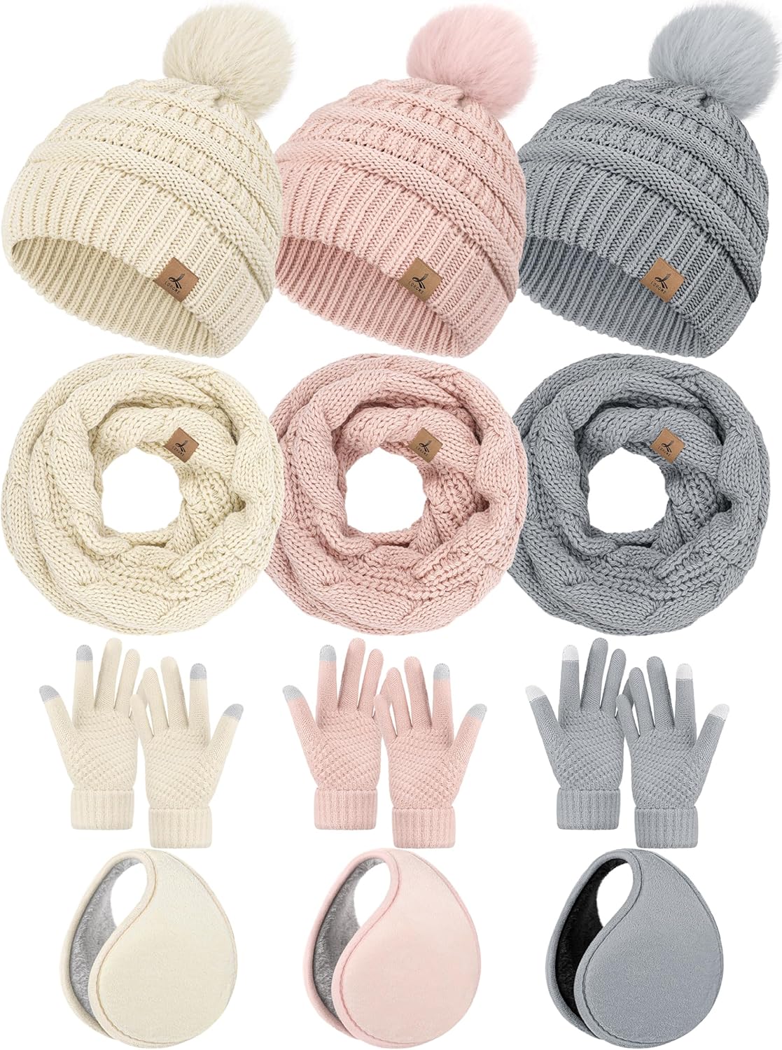 LOROME Winter Accessories Set - 15PCS Touch Screen Gloves, Ear Warmer, & Knit Scarf - Stay Warm & Stylish!