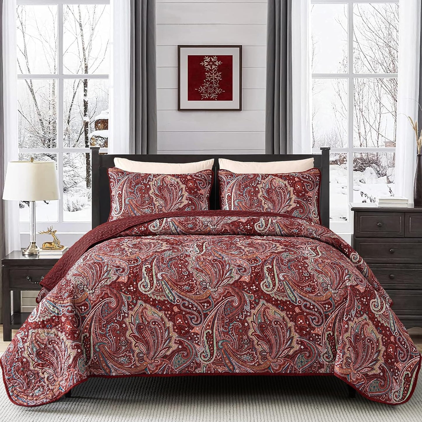 DJY Red Paisley Quilt Set Queen Size for All Season Comfort