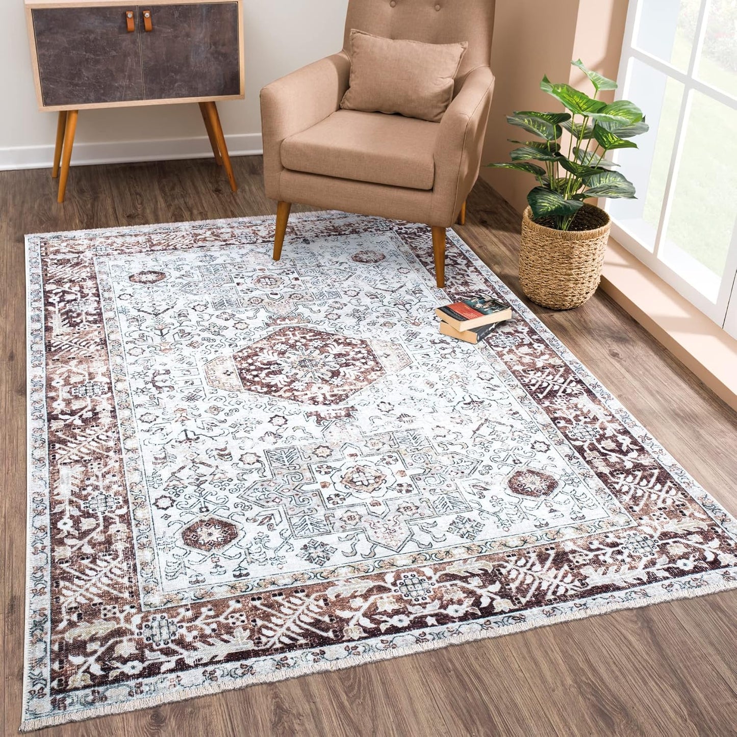 Caria Washable Non-Slip 9x12 Rug - Stylish Beige/Brown Design