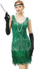 Women's Flapper Dresses 1920s V Neck Beaded Fringed Dress - Green