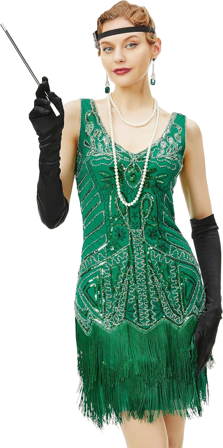 Elegant 1920s Flapper Dress with Beaded Fringes for Parties