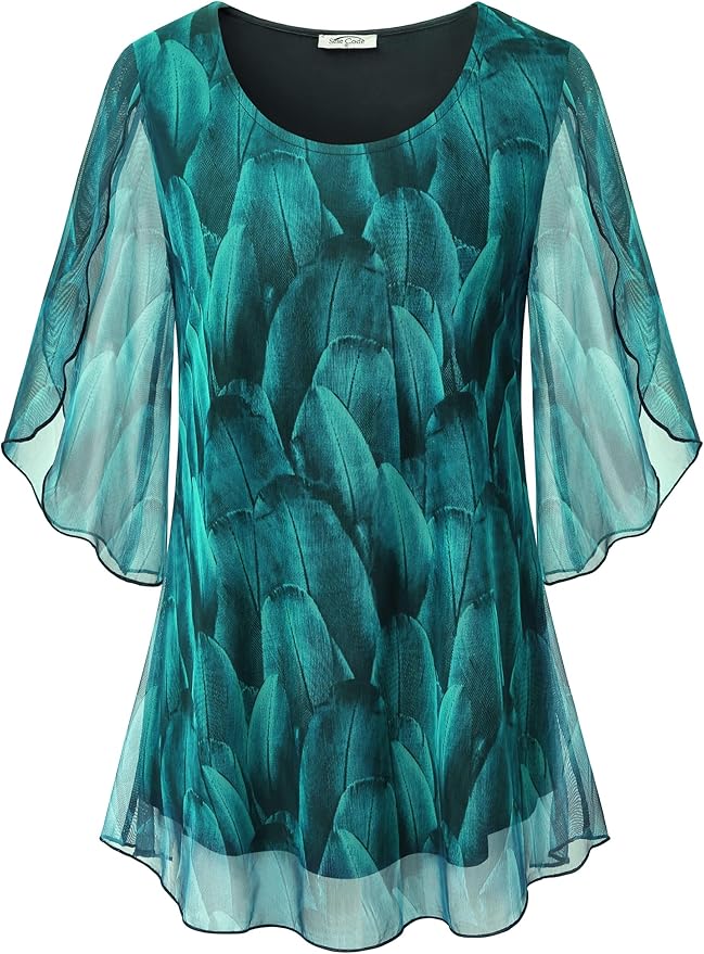 SeSe Code Womens Ruffle 3/4 Sleeve Mesh Blouses for Style