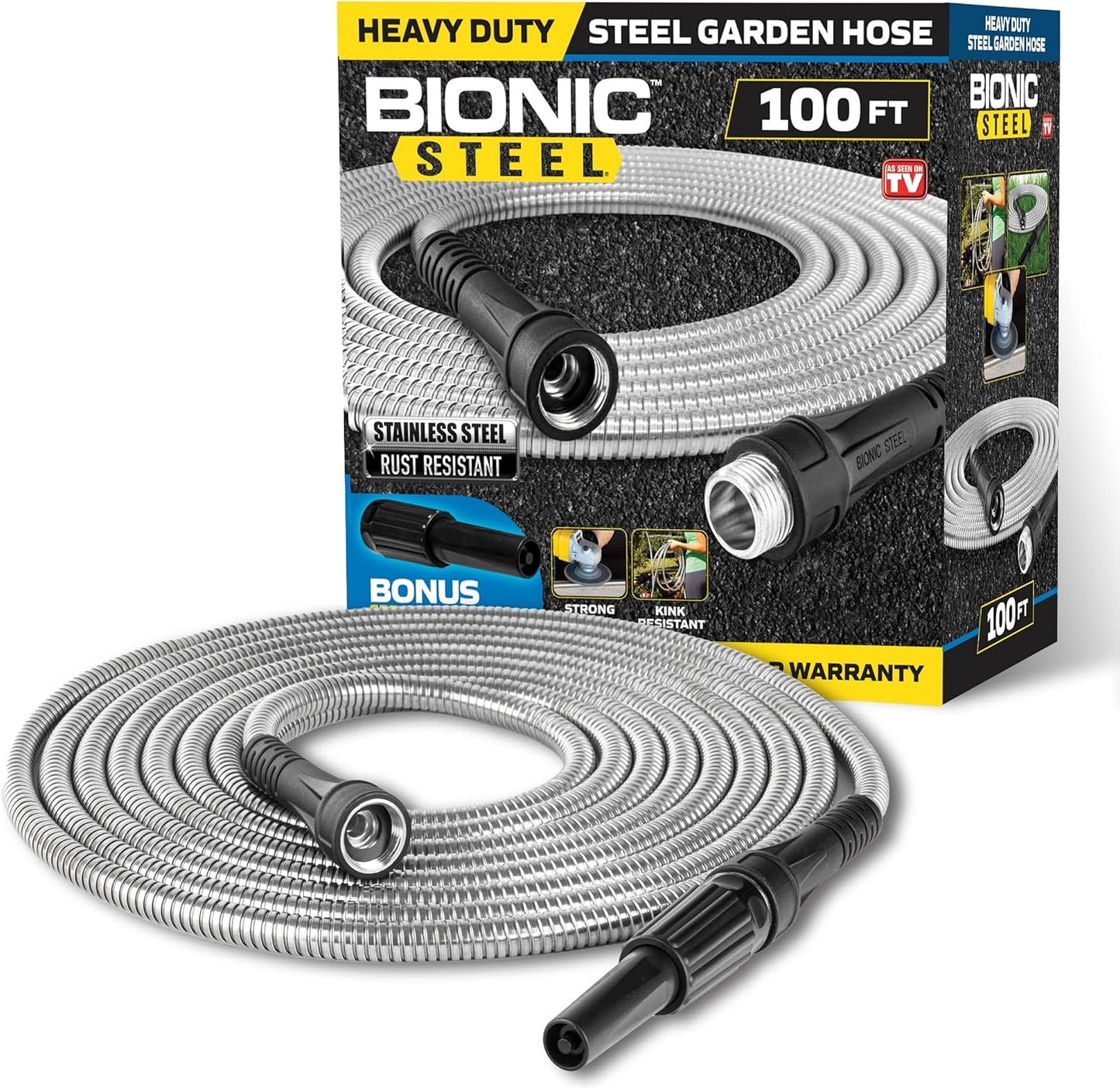 BIONIC STEEL 100 Ft Metal Garden Hose with Sprayer Nozzle