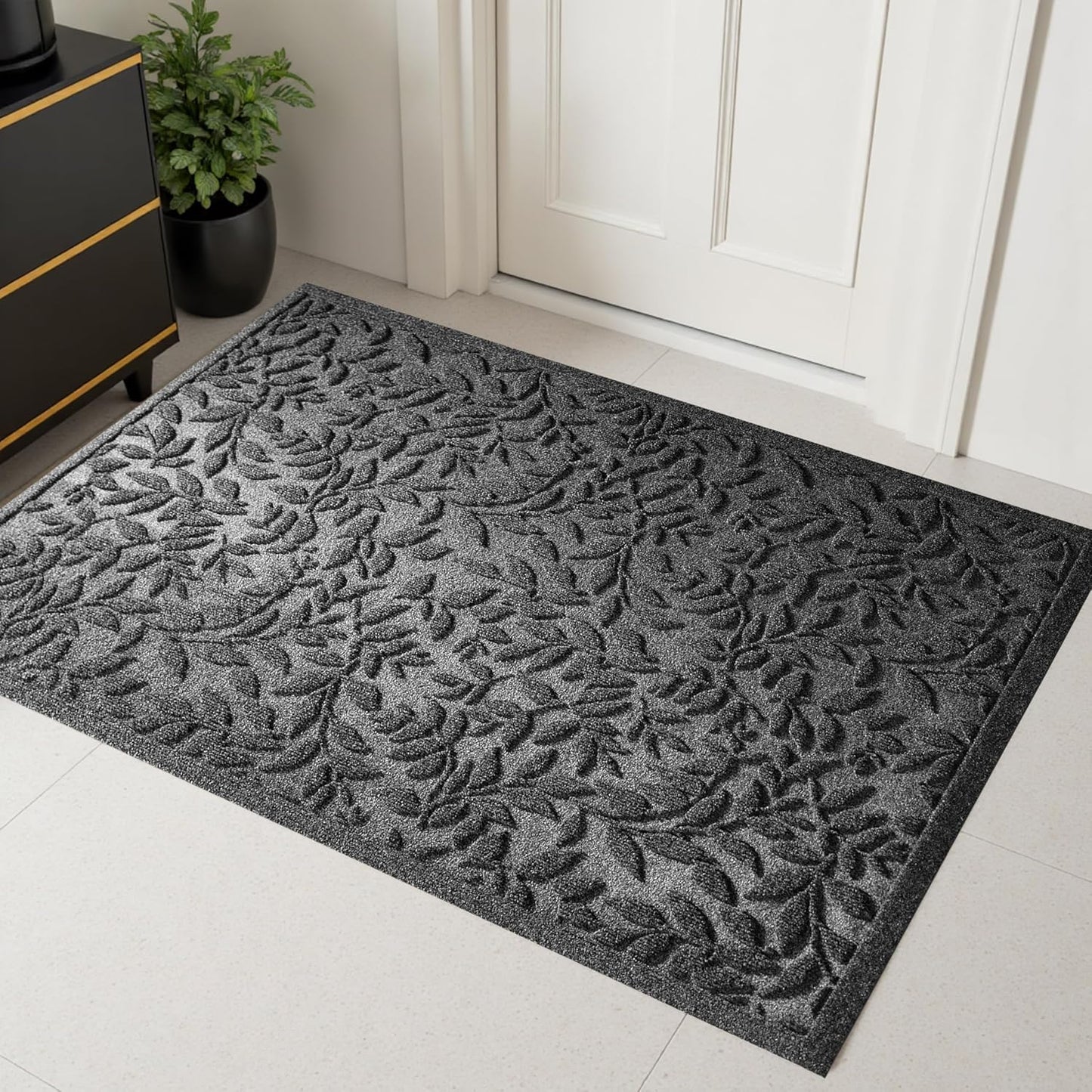 Durable Grey Leaves Entrance Door Mat for All Seasons