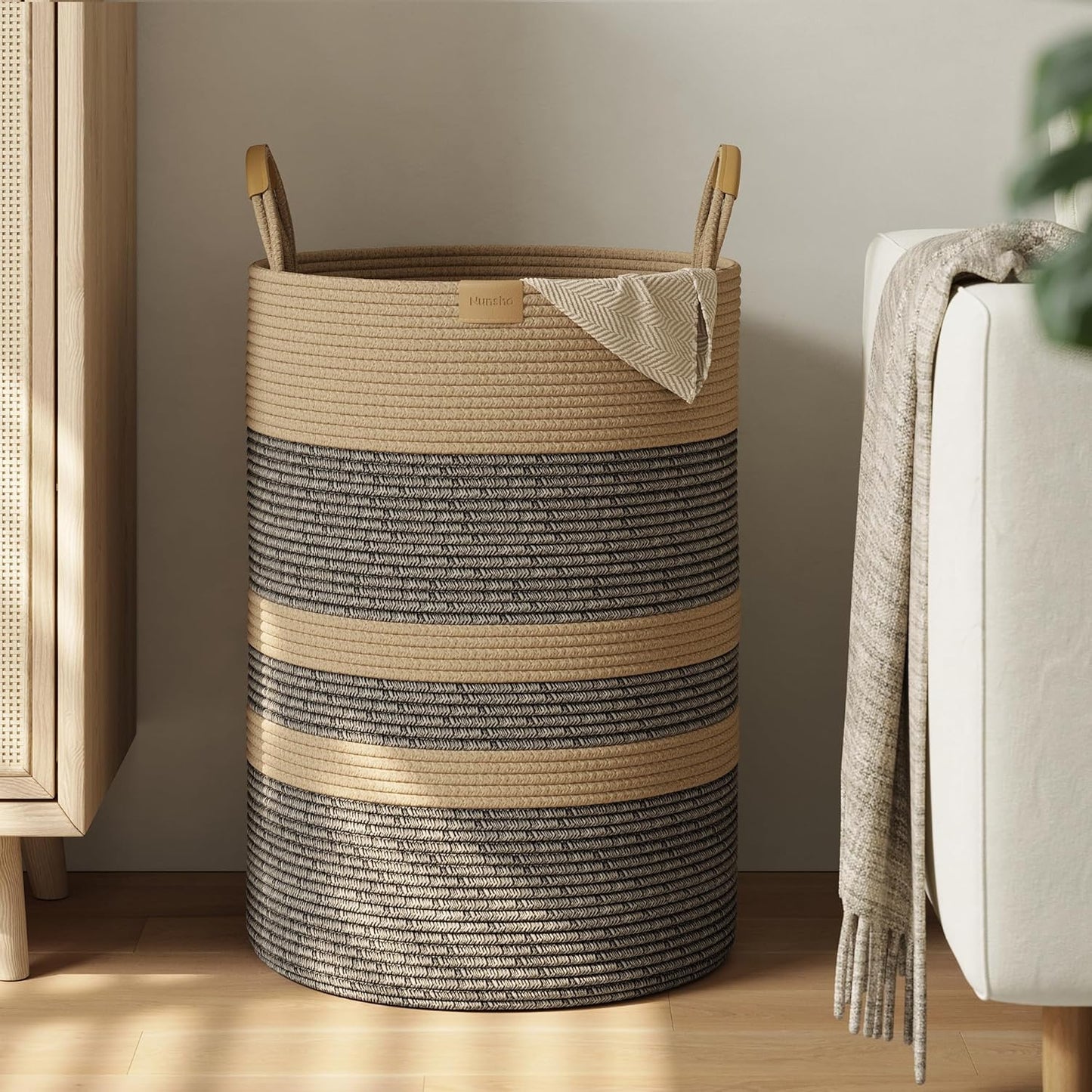 95L Striped Laundry Hamper with Leather Handles for Clothes