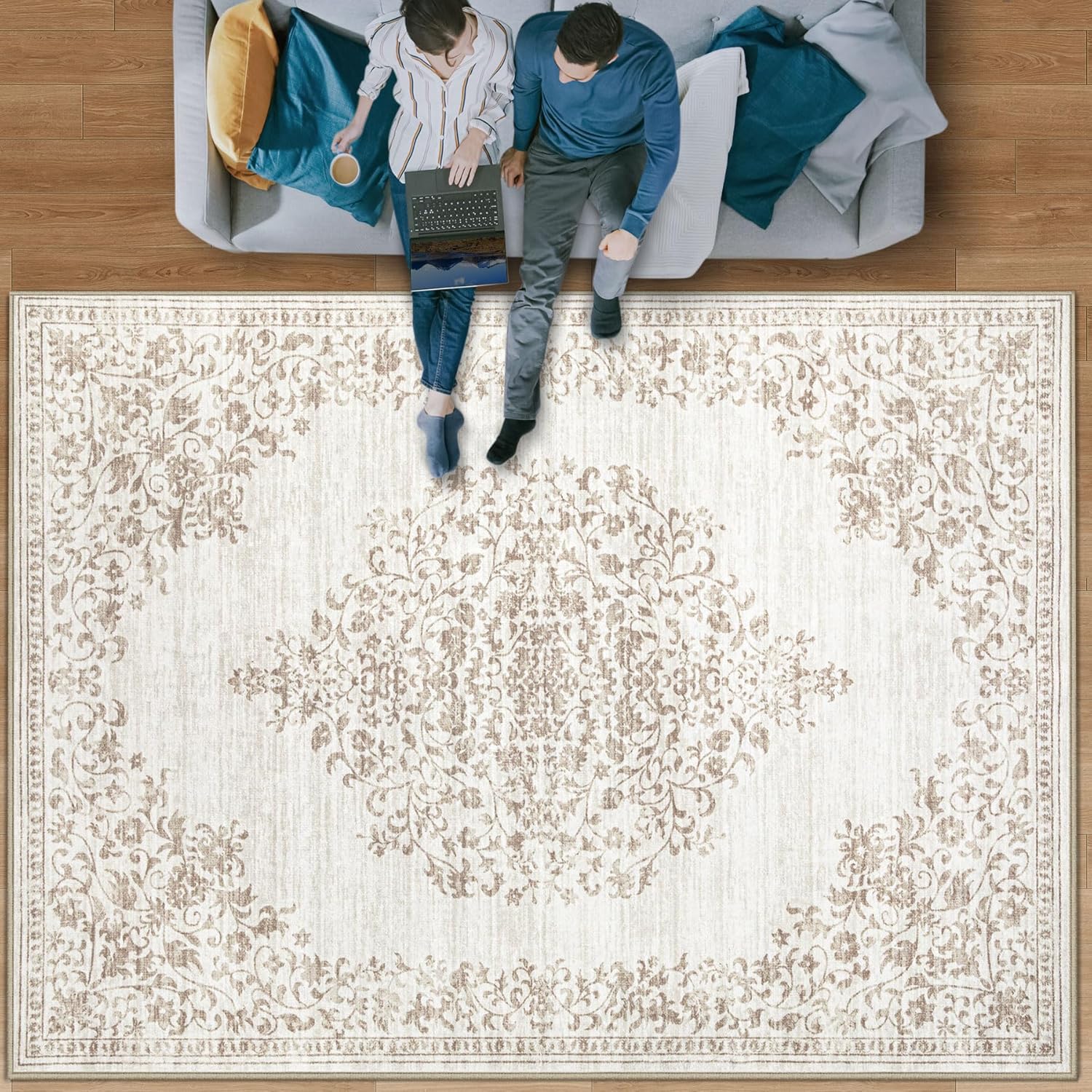 Vintage Area Rug 8x10: Washable Low Pile Distressed Carpet