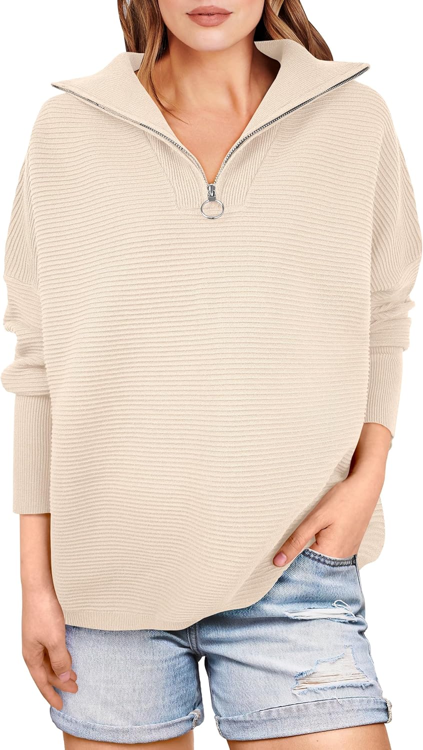 ANRABESS Women Quarter Zip Oversized Cozy Pullover Sweater