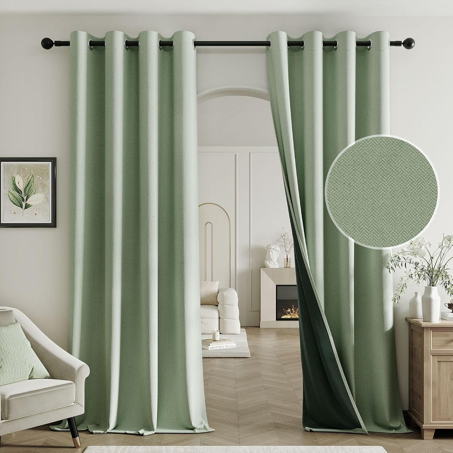 Beauoop Green Linen Blackout Curtains - 96 Inch Long, 2 Panels