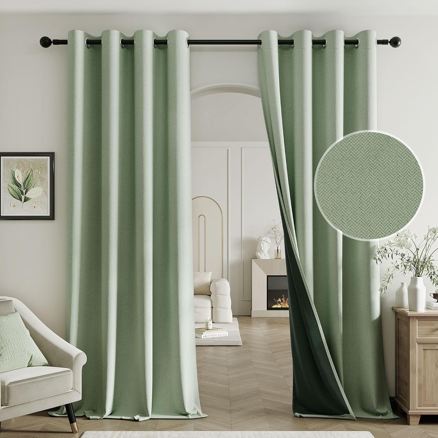 Beauoop Green Linen Blackout Curtains - 96 Inch Long, 2 Panels