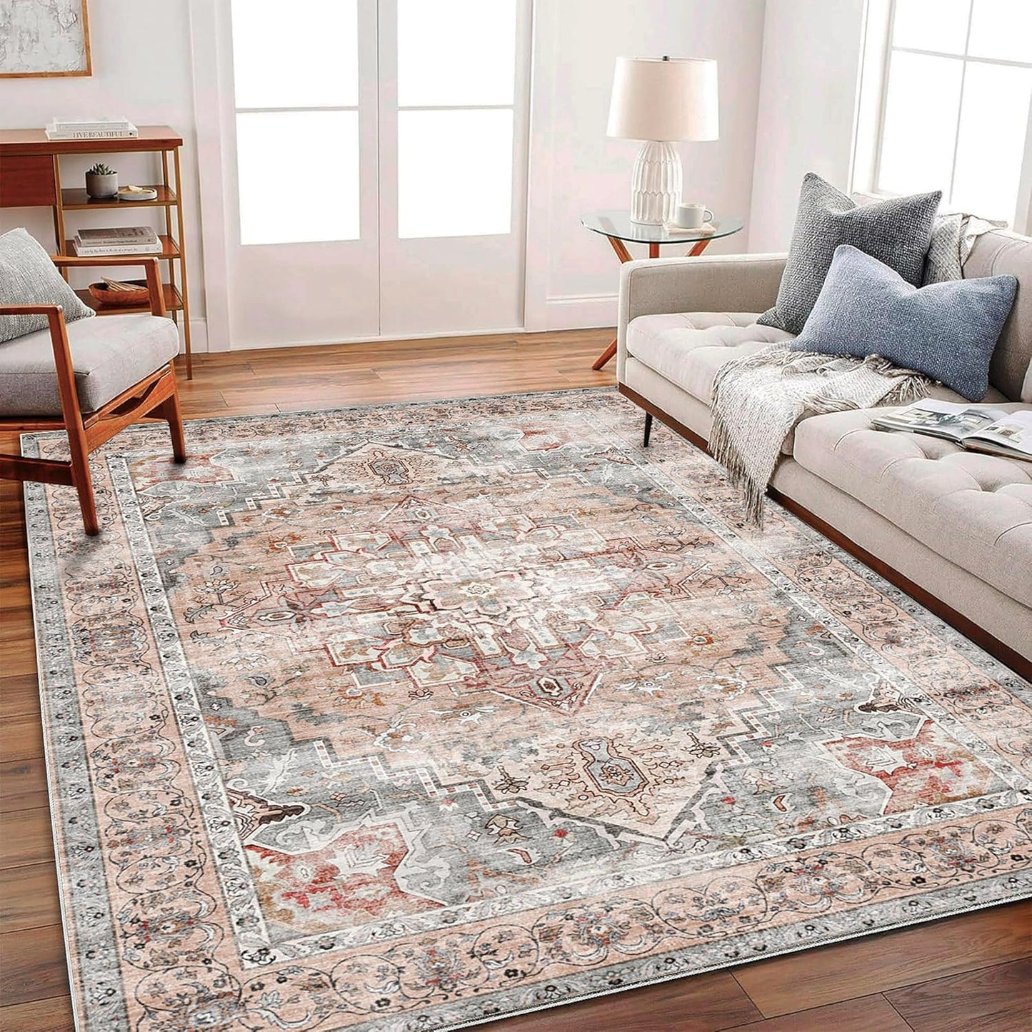 Vintage Traditional Area Rug 6ftx9ft Light Cyan and Red Washable