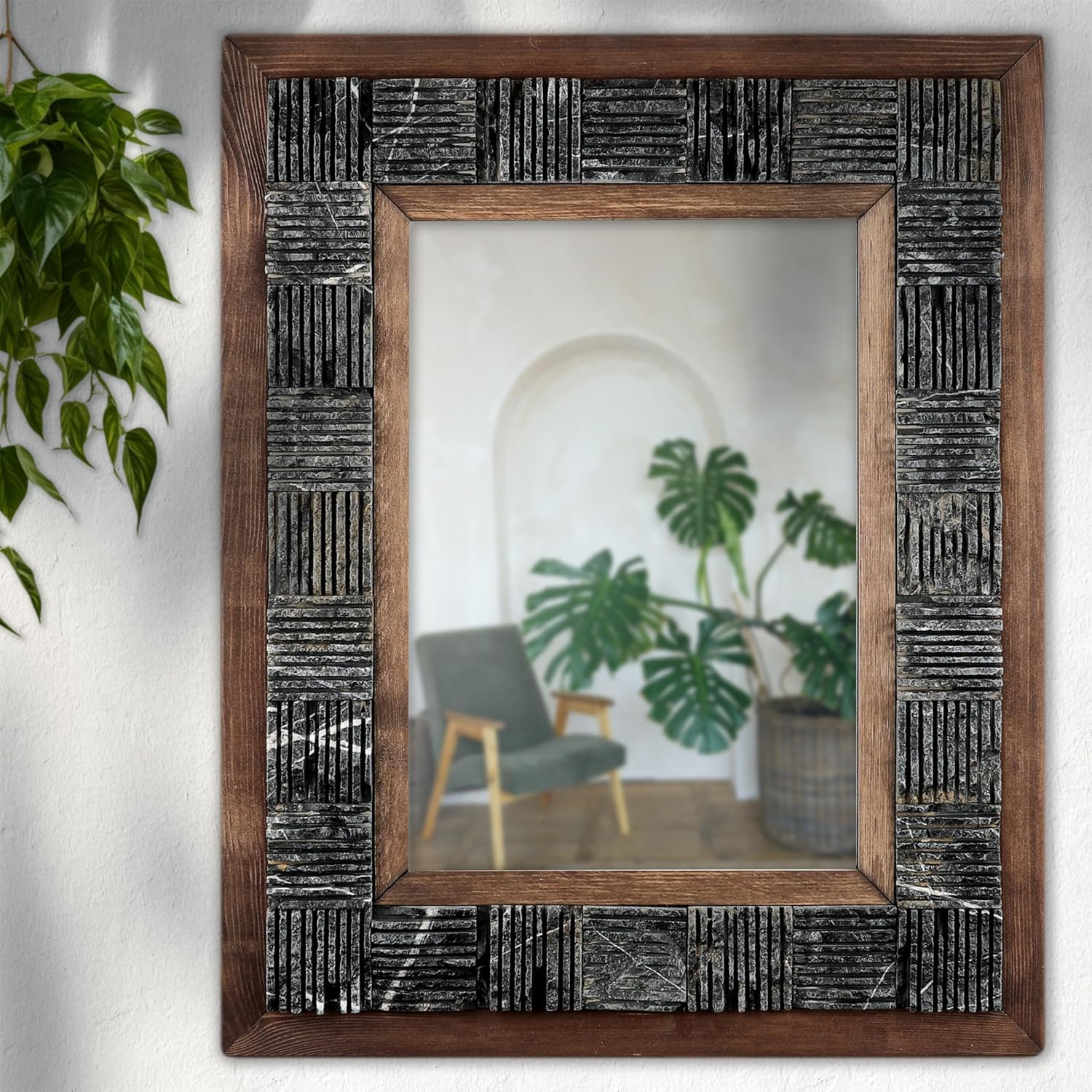Handcrafted Natural Stone Rustic Mirror with Solid Wood Frame