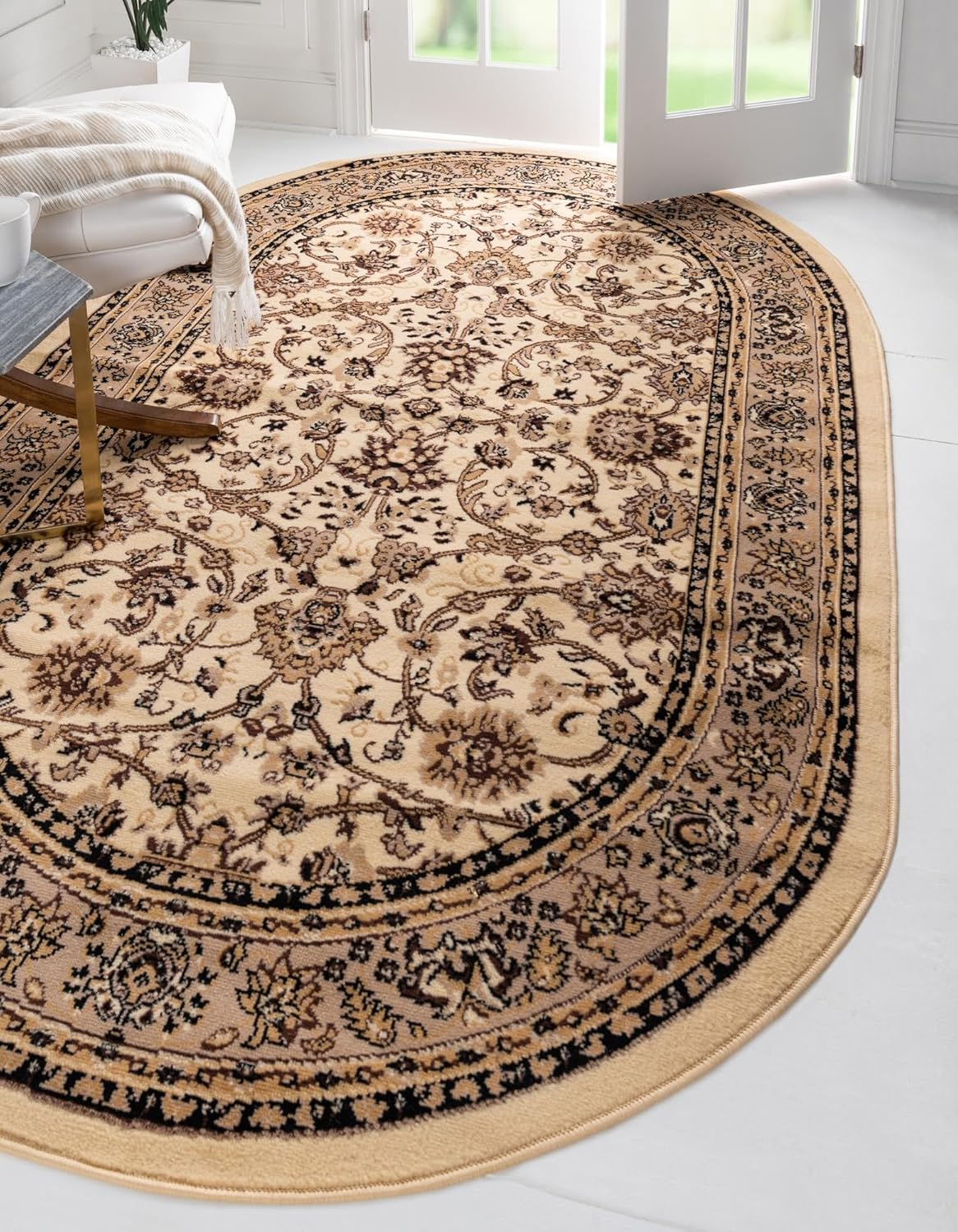 Unique Loom Sialk Hill Collection Area Rug in Ivory/Black Oval