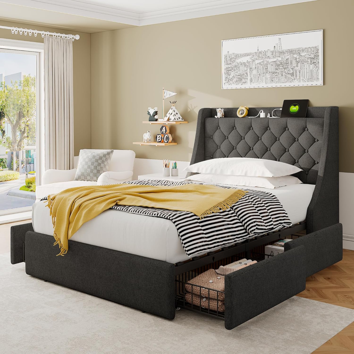 iPormis Twin Size Bed Frame with Storage Drawers and Ports