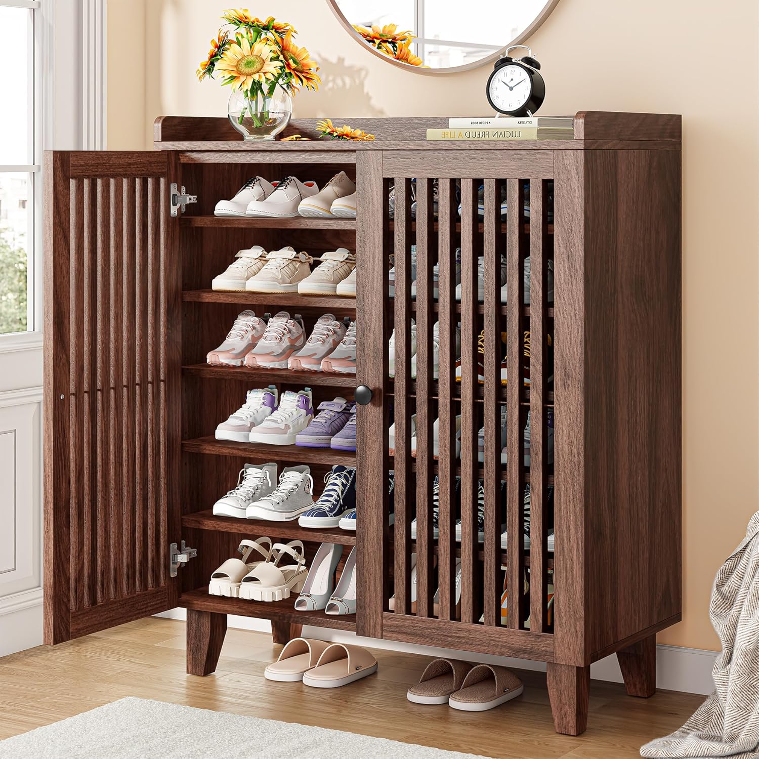 Stylish 6-Tier Shoe Cabinet with Slatted Doors for Storage