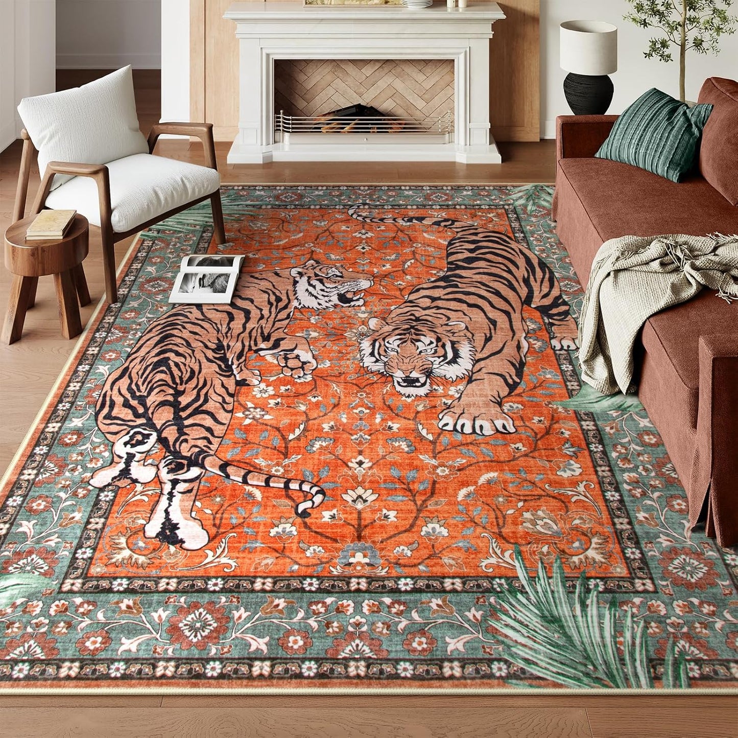Moynesa Tiger Washable Area Rug, Vintage Non Slip Large Rug