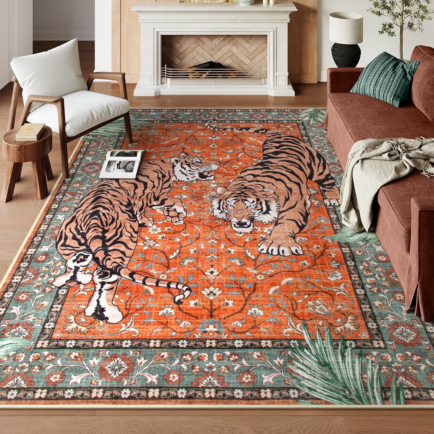 Moynesa Tiger Washable Area Rug, Vintage Non Slip Large Rug
