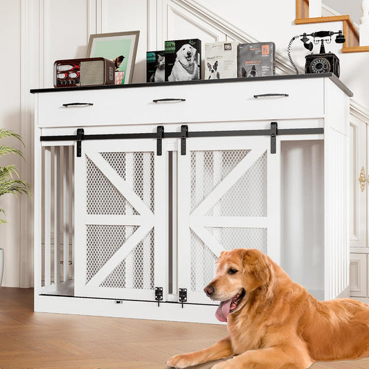 47 Inch Wooden Dog Crate Furniture for 2 Dogs with Storage