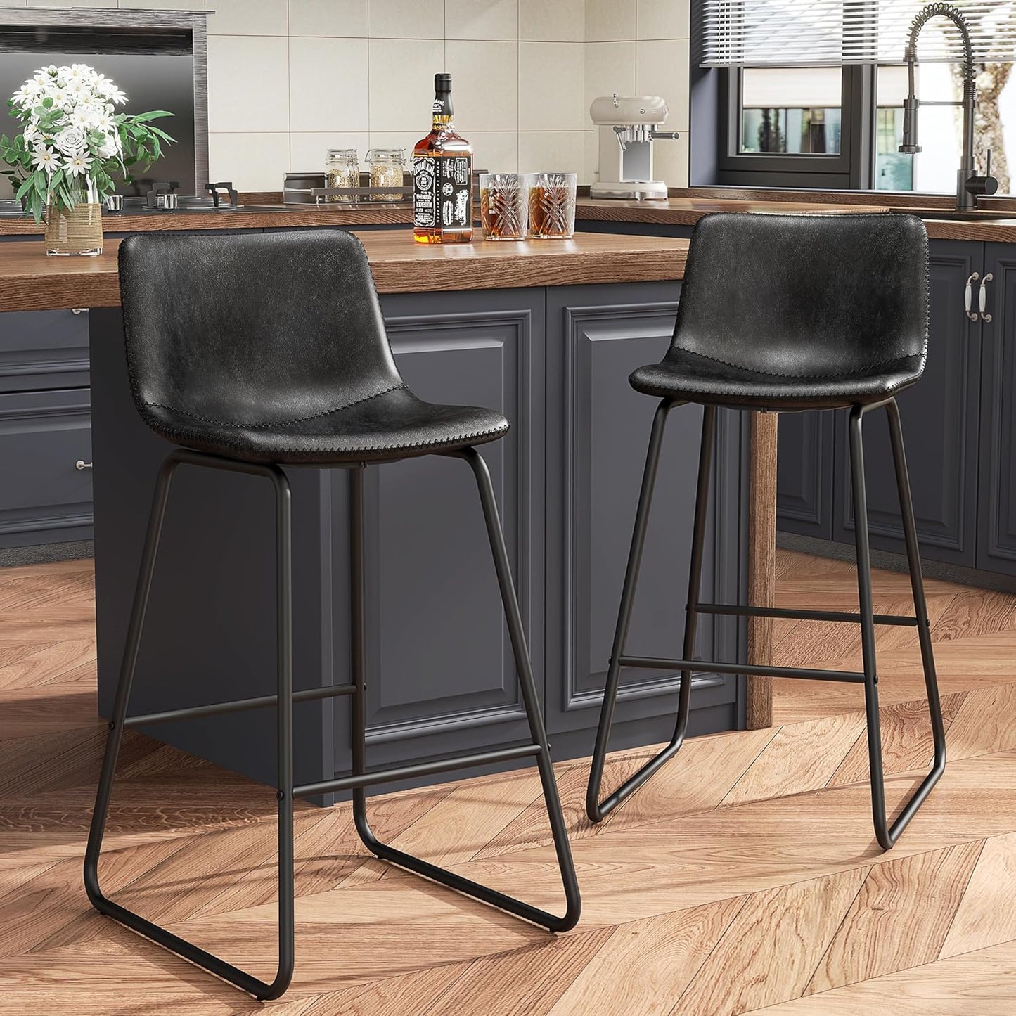 Modern Faux Leather Bar Stools Set of 2 for Kitchen Island