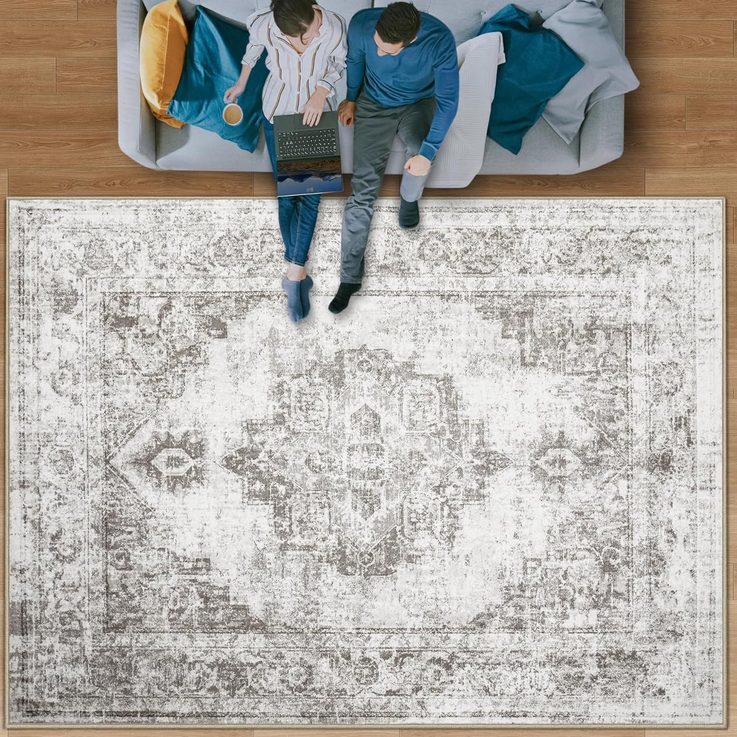 Vintage Area Rug 9x12: Large Washable Medallion Carpet for Home