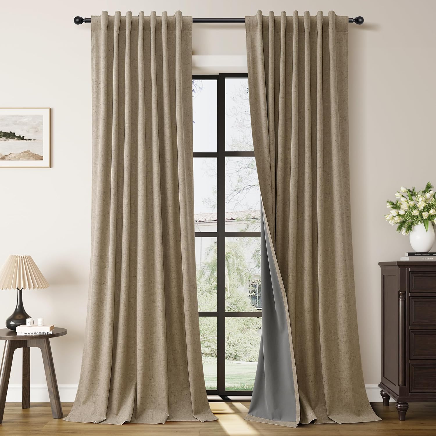 Guken Khaki Linen Drapes 100% Blackout Curtains for Living Room
