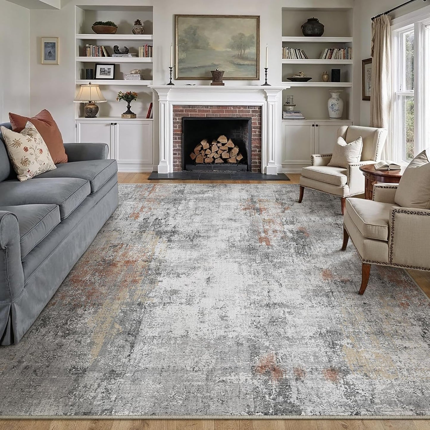 8x10 Washable Area Rug Grey Rust Abstract for Modern Spaces