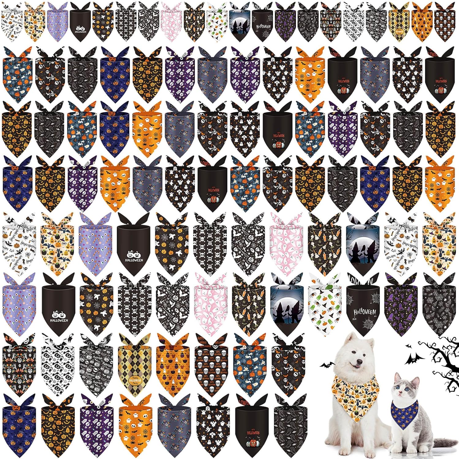 100 Pcs Halloween Dog Bandanas for Small Medium Large Pets