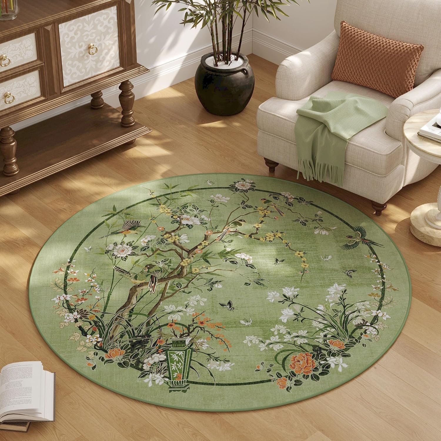 Chinoiserie-Style Floral Round Rug for Bedroom and Office