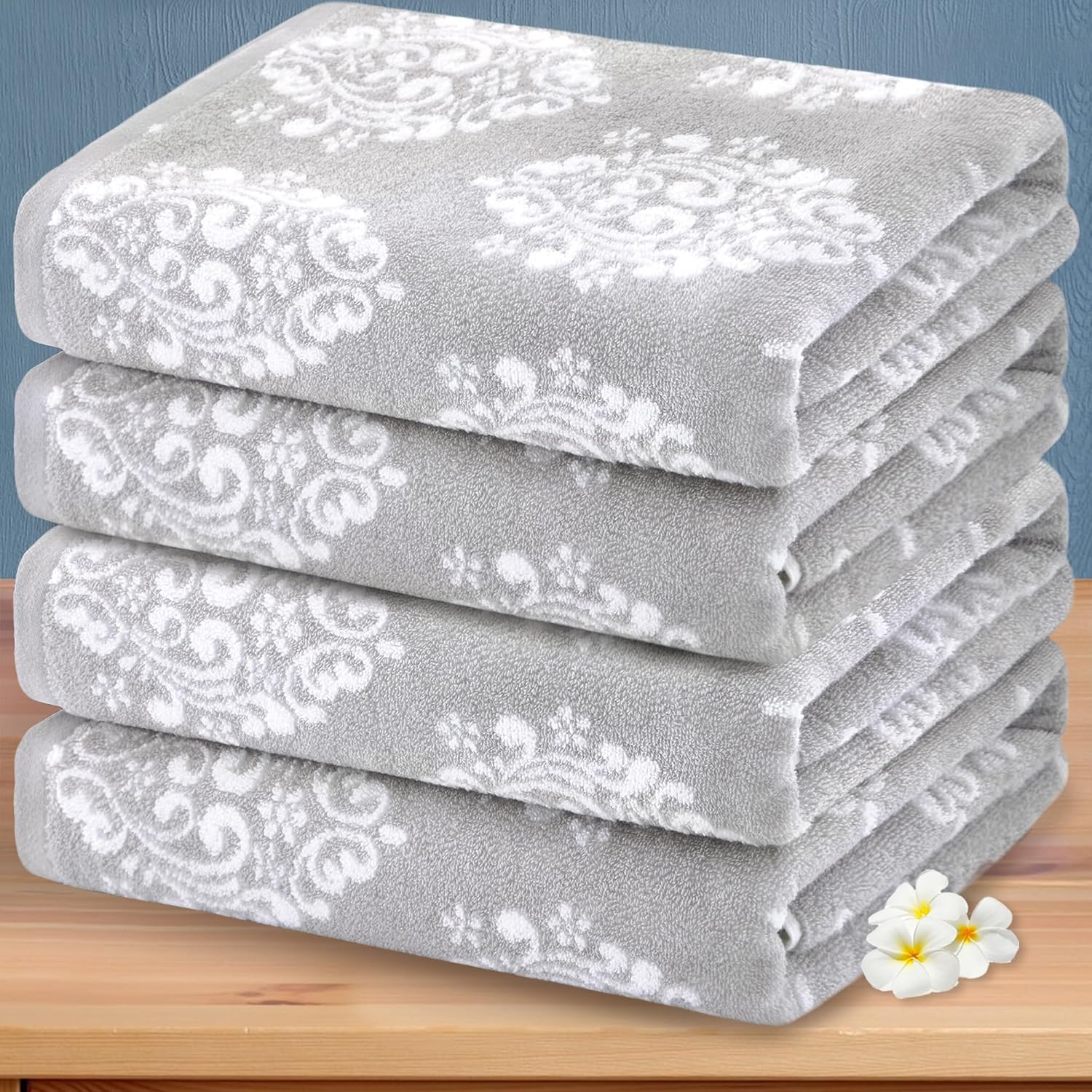 Luxurious Grey Pattern Bath Towels Set - 100% Cotton, 4PC