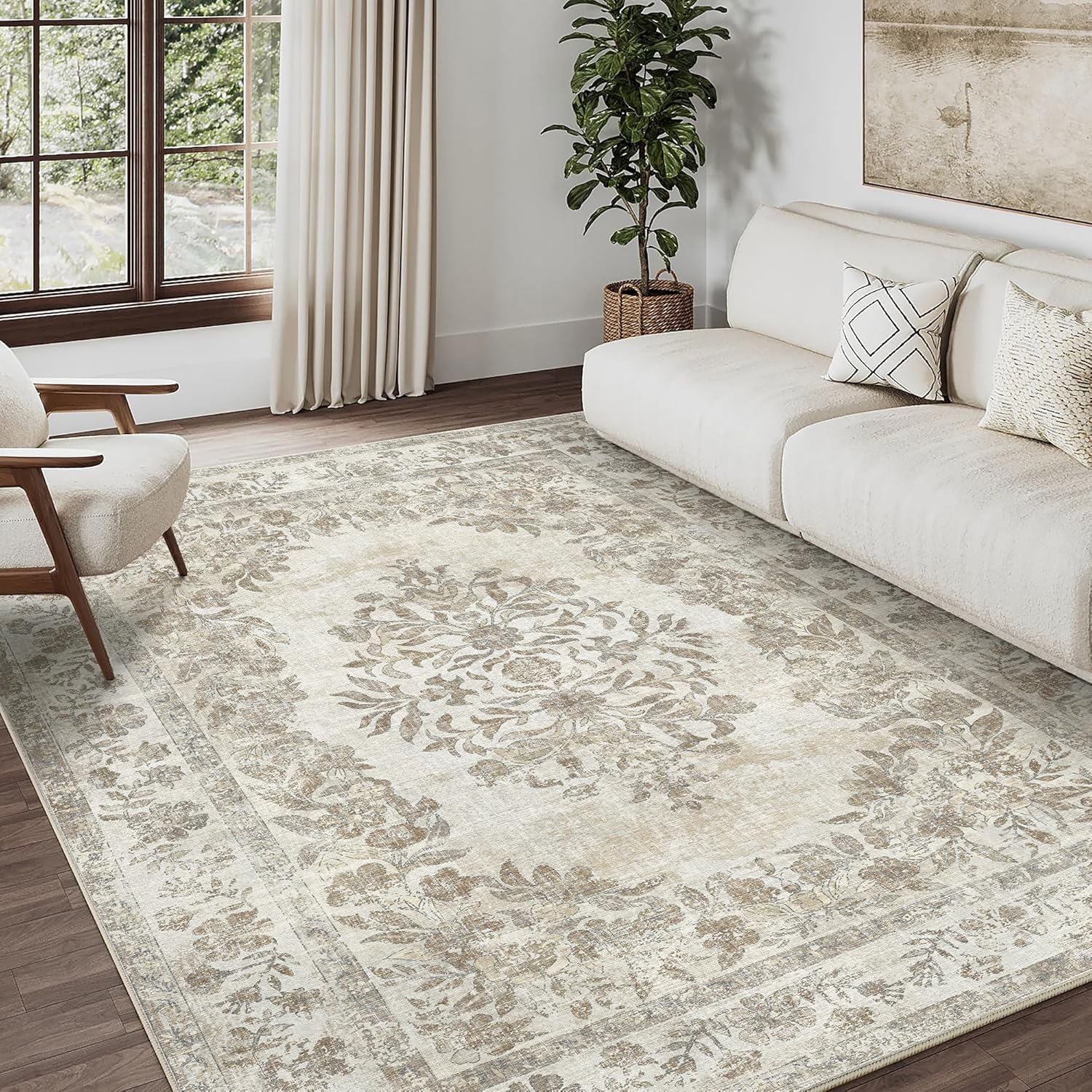 6x9 Area Rug Beige Washable Vintage Distressed Living Room Carpet