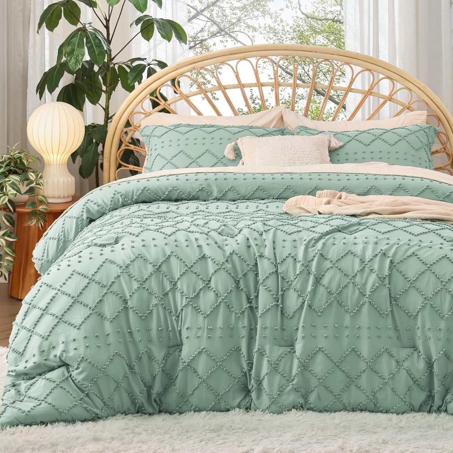 Bedsure Twin Comforter Set - Sage Green Boho Tufted Bedding