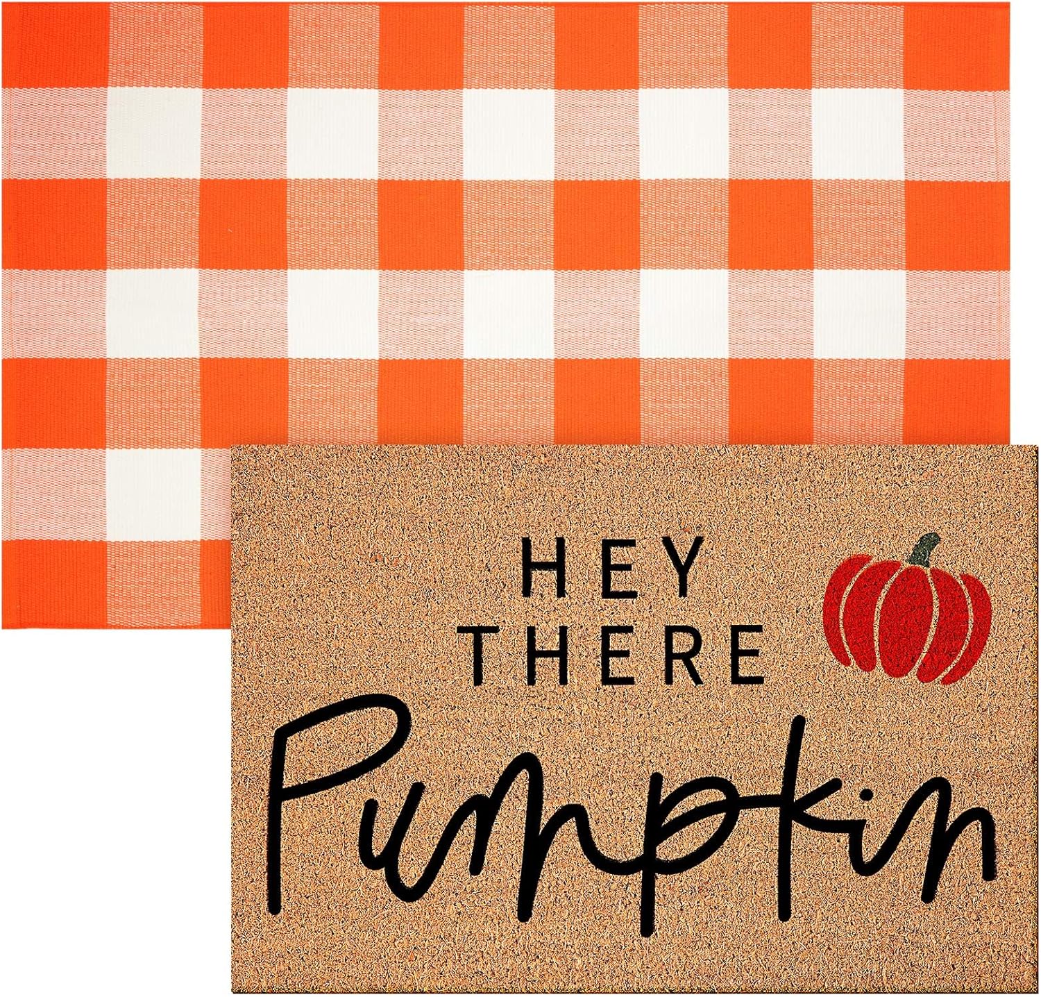Fall Coir Doormat Set with Pumpkin and Buffalo Plaid Design