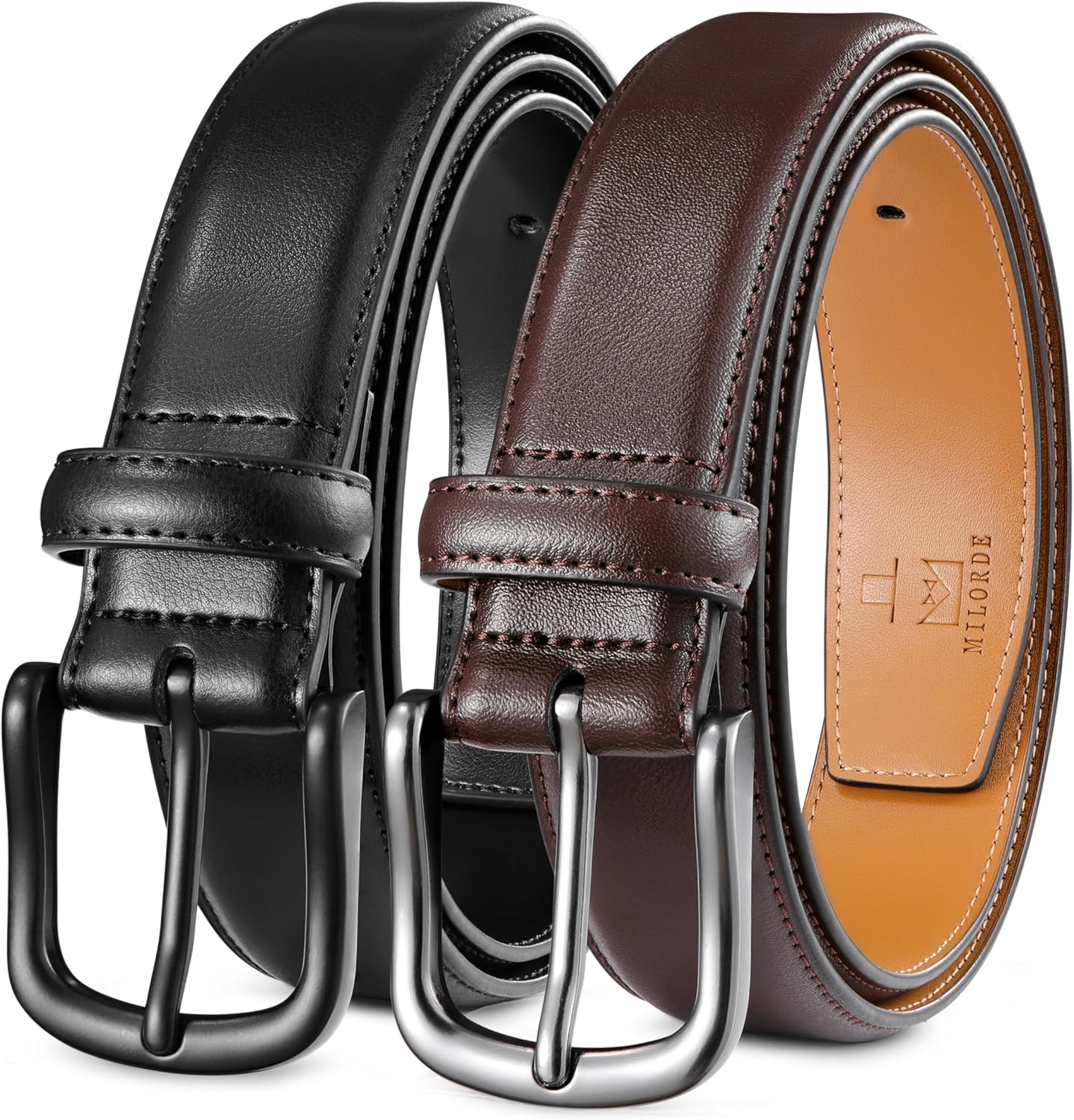 MILORDE Men's Leather Dress Belt 2Pack for Work and Casual Wear